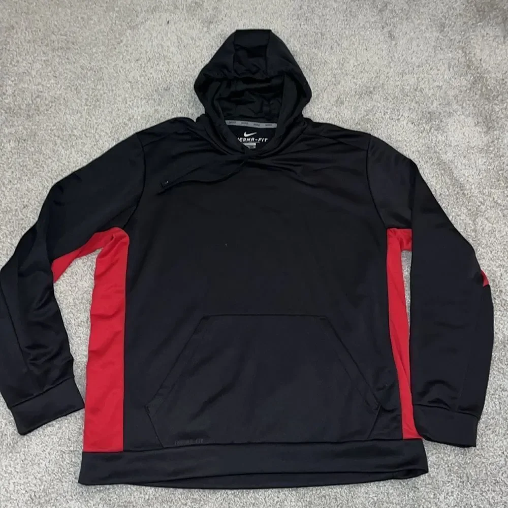 Mens Black Red Nike Therma Fit Swoosh Fleece Hooded Hoodie Jacket Sweatshirt XL